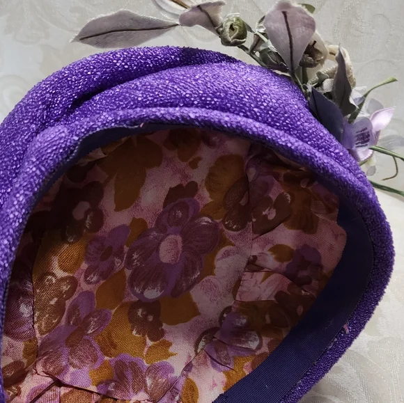 VINTAGE 1950S PURPLE PILLBOX HAT WITH VELVET FLOWERS OLD HOLLYWOOD GLAM